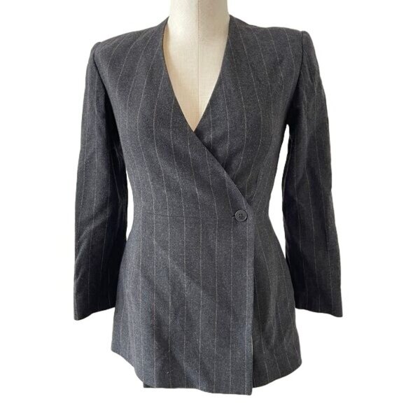 Valentino Blazer Jacket Striped Charcoal Grey Faux Wrap Wool Blend Sz XS Small - Picture 1 of 16